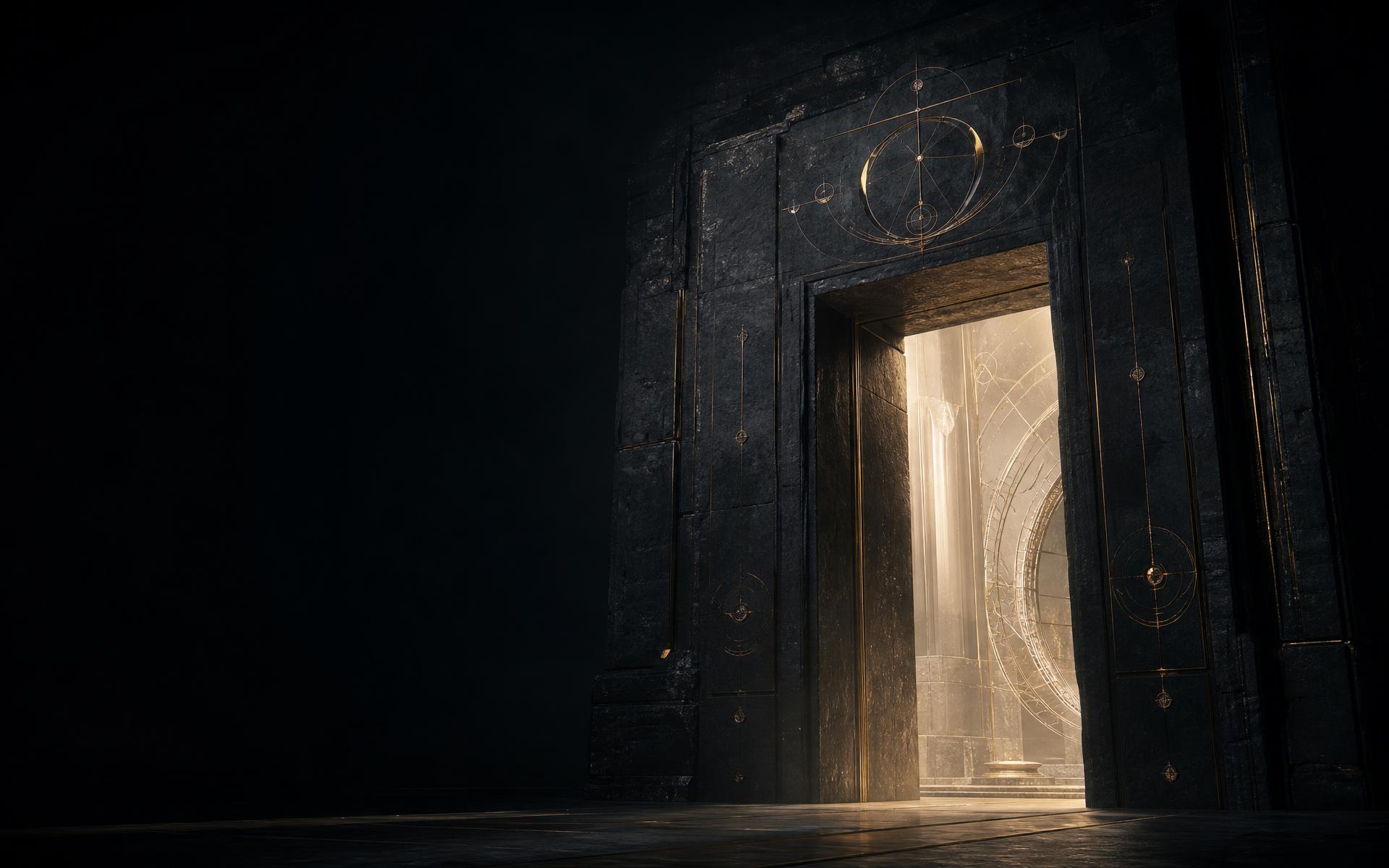 A monumental carved stone doorway opening onto a luminous gold-lit interior
